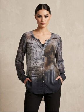 Bella Amore Italy Sheer Rhinestone Star Graphic Grunge Tunic Blouse Gothic S/M